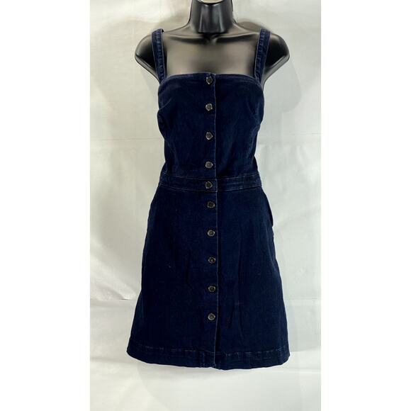 TOPSHOP MOTO Women's Blue Denim Button-Up Square-Neck Crossback Mini Dress SZ 10 - Picture 1 of 12